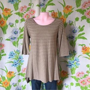 Cut Loose Linen Brown Tan Striped Three Quarter Sleeve Tunic Blouse Shirt Small